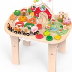 Tavolo attività in legno Montessori per bambini con giochi educativi multigioco.