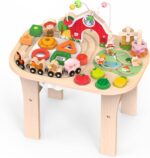 Tavolo attività in legno Montessori per bambini con giochi educativi multigioco.