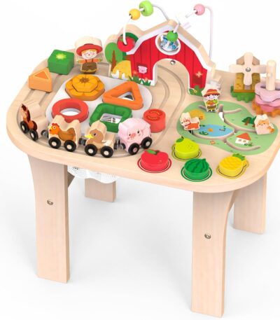 Tavolo attività in legno Montessori per bambini con giochi educativi multigioco.