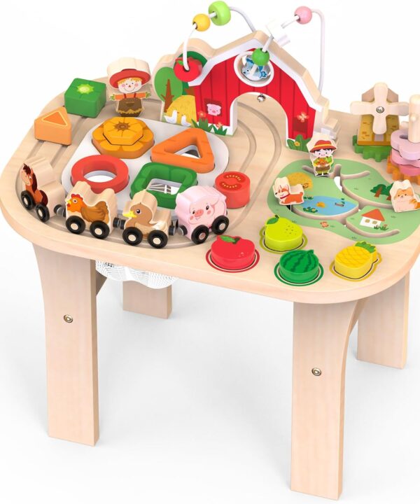 Tavolo attività in legno Montessori per bambini con giochi educativi multigioco.