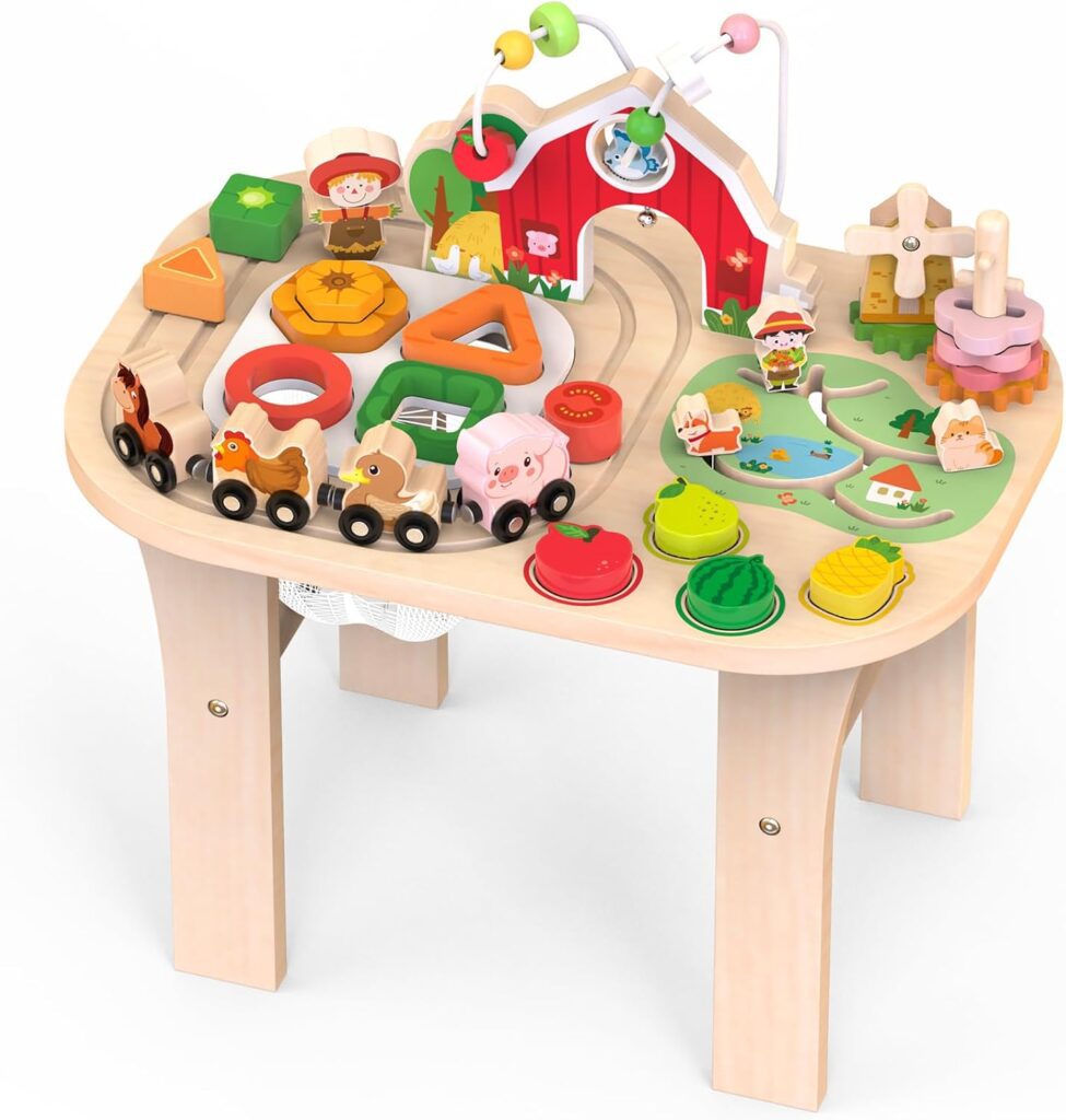 Tavolo attività in legno Montessori per bambini con giochi educativi multigioco.