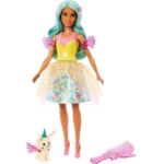Dettaglio bambola Barbie Teresa Tocco di Magia con cucciolo di unicorno alato e spazzola rosa