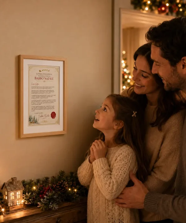Famiglia che ammira la lettera di Babbo Natale racchiusa in una cornice in legno massello di rovere appesa alla parete.