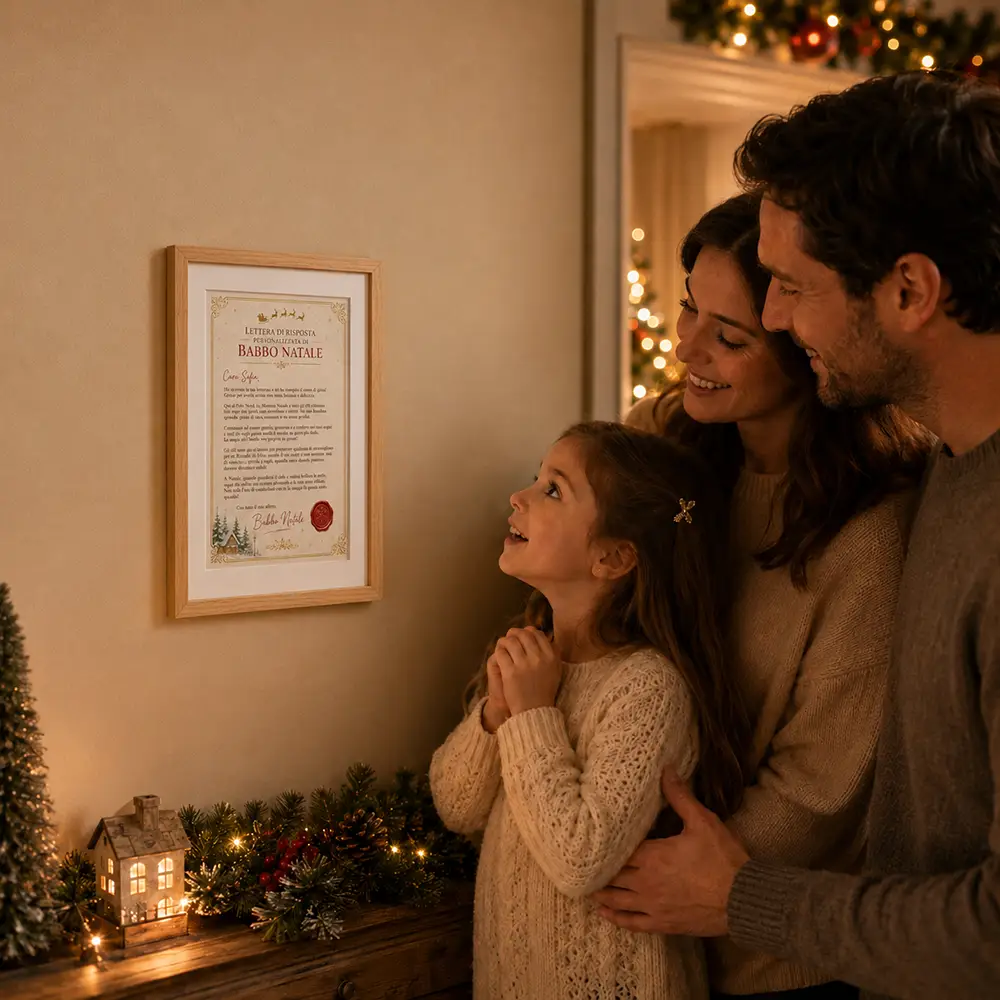 Famiglia che ammira la lettera di Babbo Natale racchiusa in una cornice in legno massello di rovere appesa alla parete.
