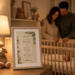 Neogenitori accanto alla culla del neonato guardano un augurio personalizzato di Babbo Natale per la nascita, inserito in una cornice A4 da tavolo in vero rovere massello.