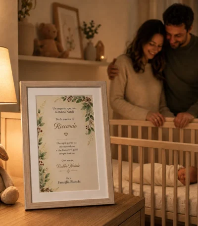 Neogenitori accanto alla culla del neonato guardano un augurio personalizzato di Babbo Natale per la nascita, inserito in una cornice A4 da tavolo in vero rovere massello.