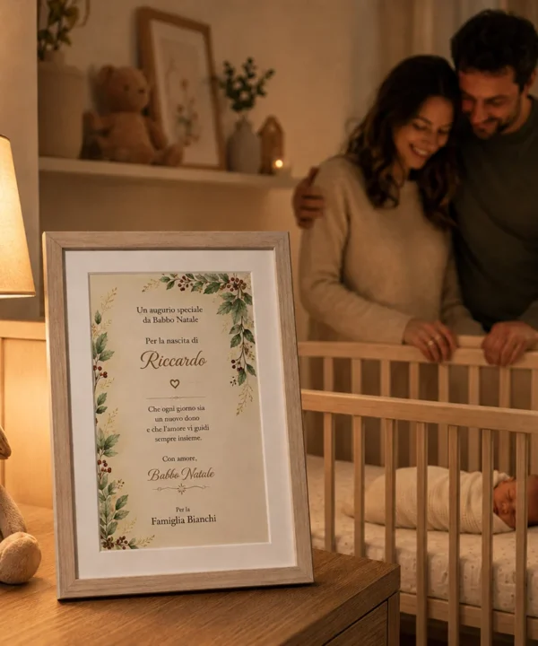 Neogenitori accanto alla culla del neonato guardano un augurio personalizzato di Babbo Natale per la nascita, inserito in una cornice A4 da tavolo in vero rovere massello.