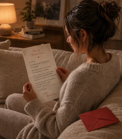 Una giovane donna visibilmente emozionata legge una lettera cartacea seduta sul divano. Accanto a lei è appoggiata una busta rossa. È un tenero messaggio del fratellino affidato a Dillo con Mamma Natale.