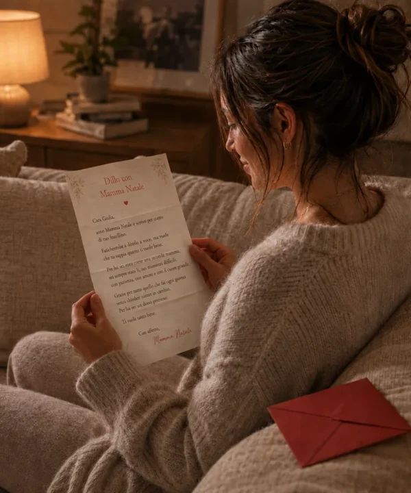 Una giovane donna visibilmente emozionata legge una lettera cartacea seduta sul divano. Accanto a lei è appoggiata una busta rossa. È un tenero messaggio del fratellino affidato a Dillo con Mamma Natale.