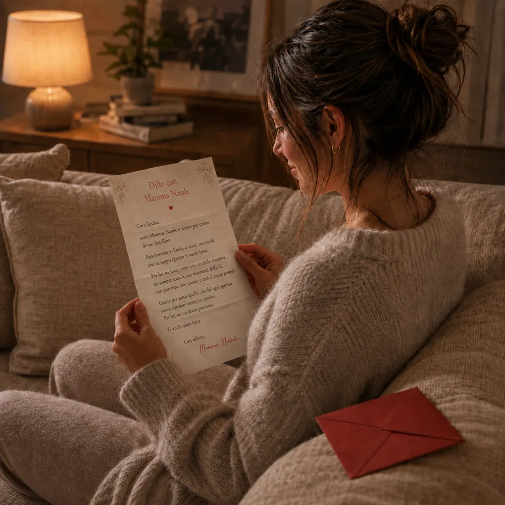 Una giovane donna visibilmente emozionata legge una lettera cartacea seduta sul divano. Accanto a lei è appoggiata una busta rossa. È un tenero messaggio del fratellino affidato a Dillo con Mamma Natale.