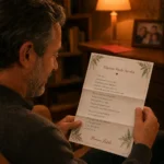 Un uomo maturo legge con attenzione ed emozione una lettera cartacea personalizzata in un salotto accogliente, con una busta rossa appoggiata sullo sfondo. È la risposta empatica e confortante ricevuta attraverso il servizio Mamma Natale Ascolta.
