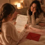 Bambina a letto legge la lettera cartacea di risposta di Mamma Natale, con la busta rossa al suo fianco e la mamma che la osserva con un sorriso affettuoso.