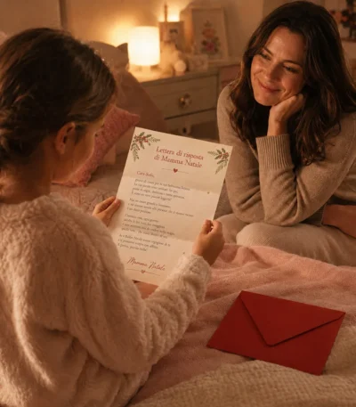 Bambina a letto legge la lettera cartacea di risposta di Mamma Natale, con la busta rossa al suo fianco e la mamma che la osserva con un sorriso affettuoso.