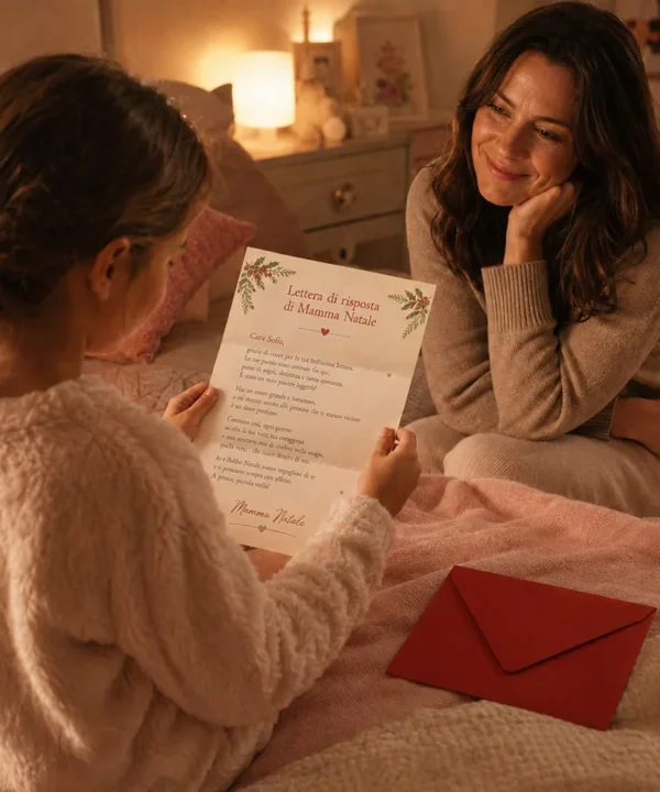Bambina a letto legge la lettera cartacea di risposta di Mamma Natale, con la busta rossa al suo fianco e la mamma che la osserva con un sorriso affettuoso.