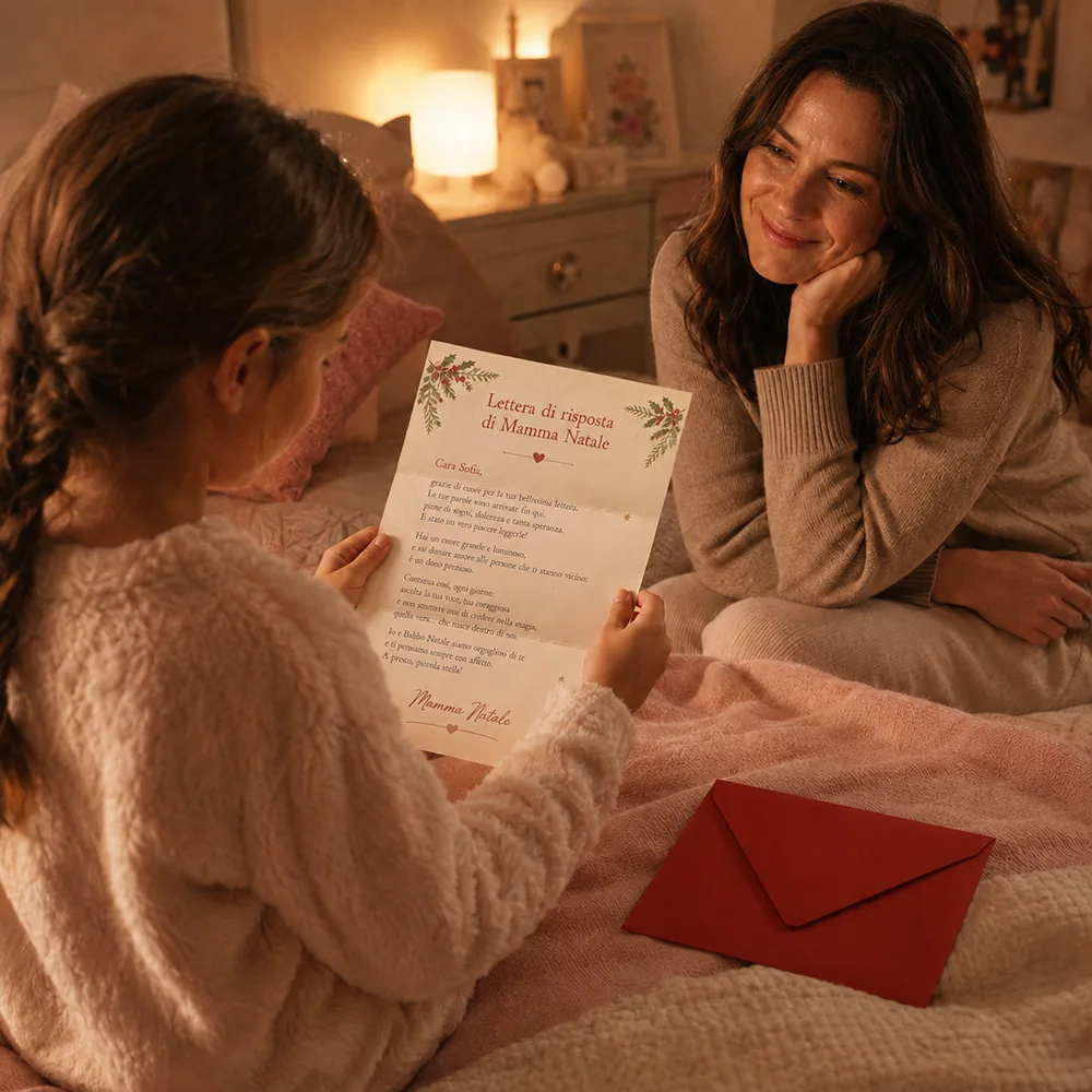 Bambina a letto legge la lettera cartacea di risposta di Mamma Natale, con la busta rossa al suo fianco e la mamma che la osserva con un sorriso affettuoso.